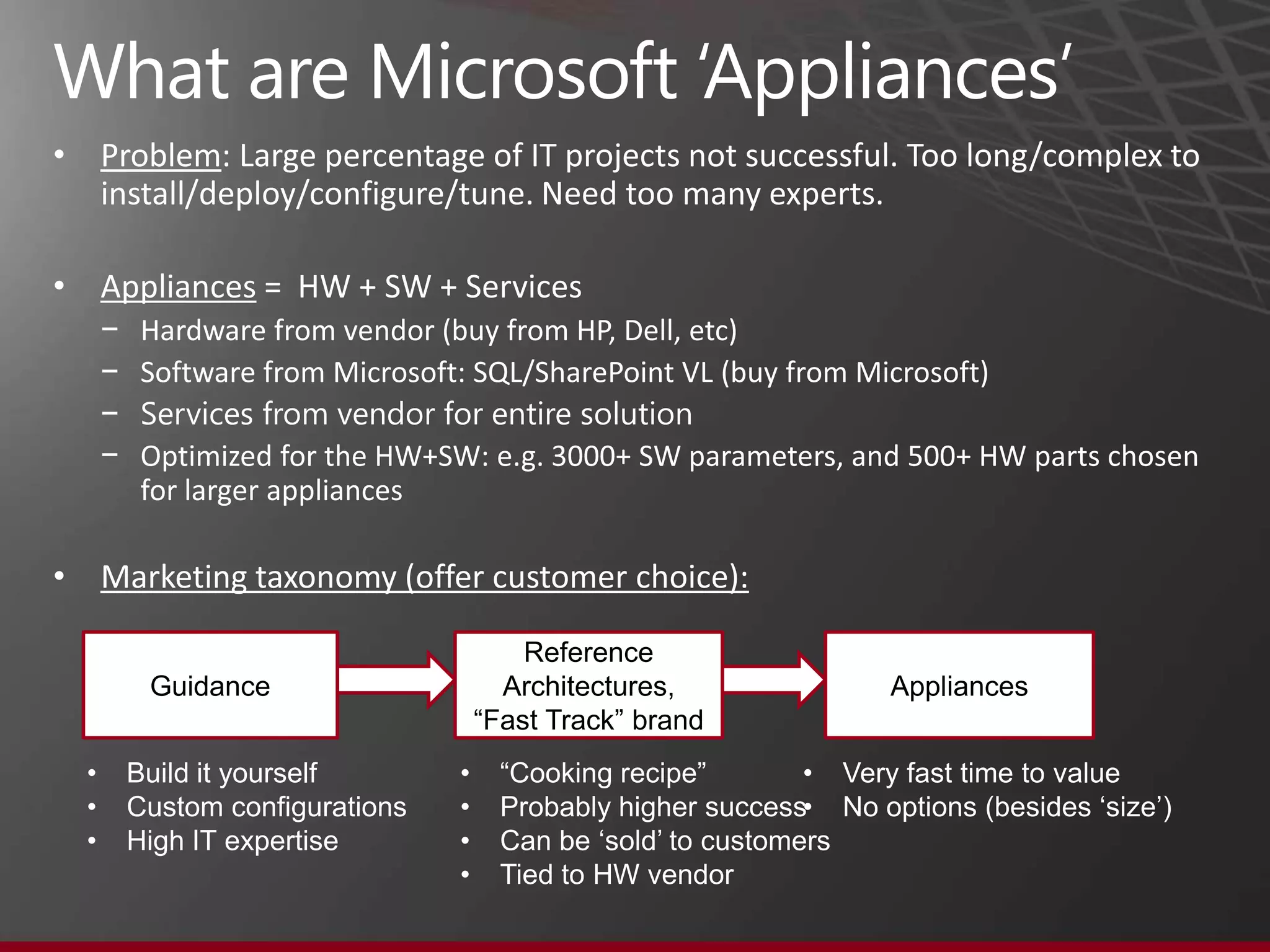 Solution
Fast Track Data Warehouse - A reference configuration optimized for
data warehousing. This saves an organization from having to commit
resources to configure and build the server hardware. Fast Track Data
Warehouse hardware is tested for data warehousing which eliminates
guesswork and is designed to save you months of
configuration, setup, testing and tuning. You just need to install the OS
and SQL Server
Appliances - Microsoft has made available SQL Server appliances that
allow customers to deploy data warehouse (DW), business intelligence
(BI) and database consolidation solutions in a very short time, with all
the components pre-configured and pre-optimized. These appliances
include all the hardware, software and services for a complete, ready-
to-run, out-of-the-box, high performance, energy-efficient solutions
                                                                        10
 