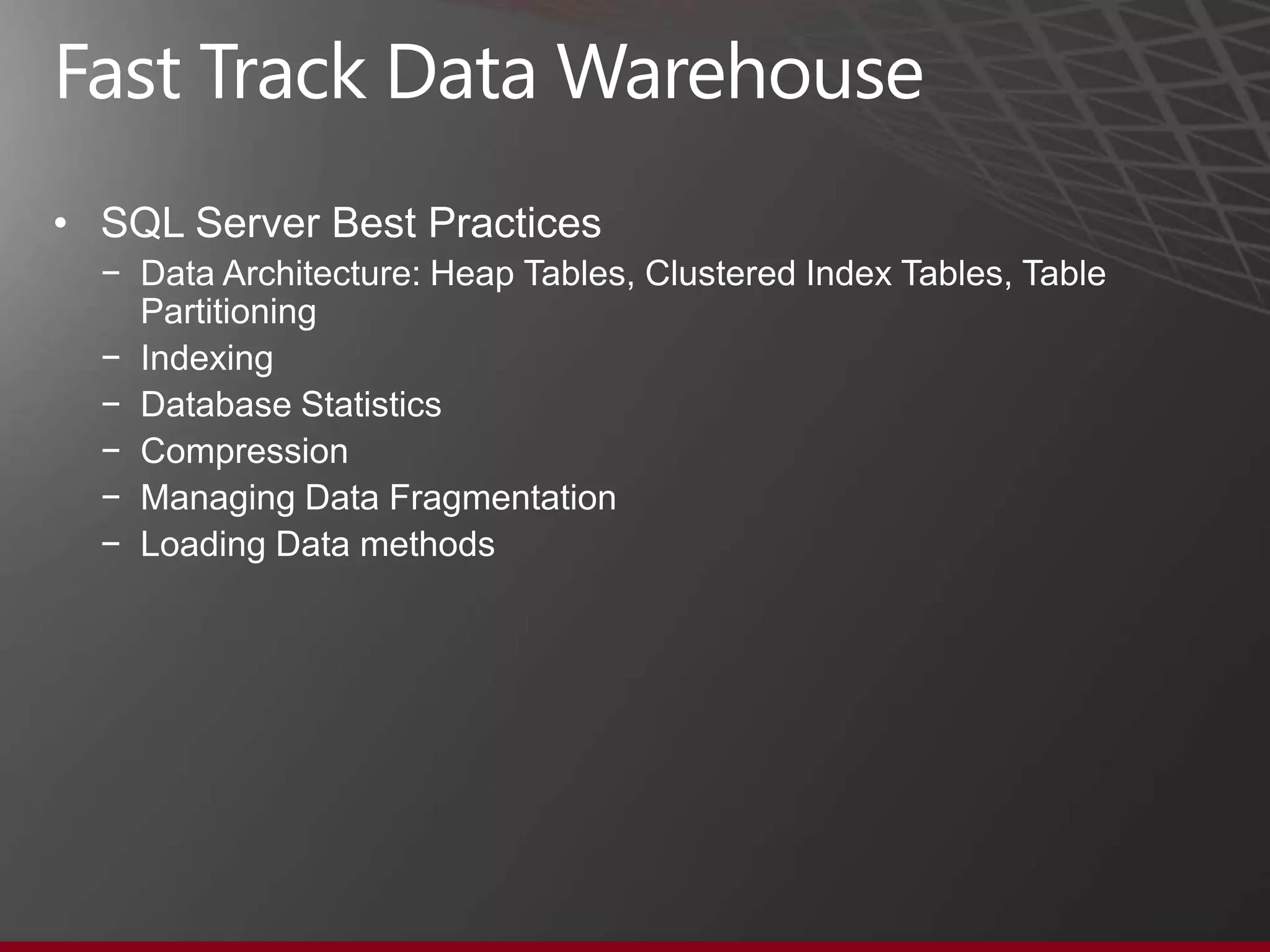 Fast Track Data Warehouse
•   Reference architecture
•   Balanced hardware and database configuration
•   Storage, server, application settings, configuration settings
•   Predictable performance, scale from 3 to 80 TB
•   Data warehouse workload-centric (not one-size-fits-all)
•   Efficient disk scan (rather than seek) access
•   Benchmarking procedures
•   You put together after receiving all the hardware (you need to install the
    OS, the edition of SQL Server that you‟ve purchased, and any other
    products such as SharePoint and PowerPivot for SharePoint)
•   Eliminates guesswork and is designed to save you months of
    configuration, setup, testing and tuning

                                                                            16
 