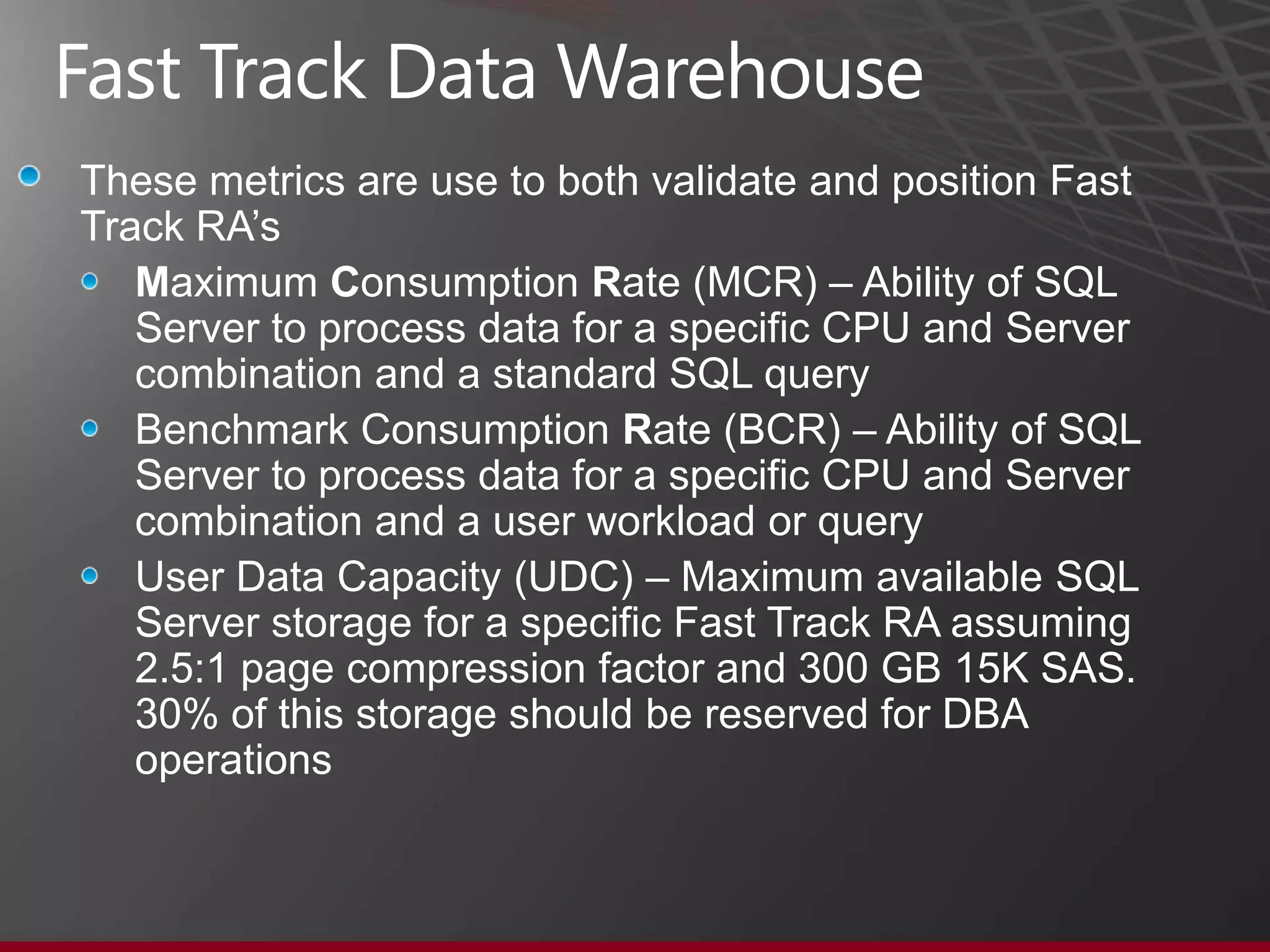 Fast Track Data Warehouse
         Option                          Pros                                         Cons
1. Basic Evaluation      Very fast system set-up and procurement      Possibility of over-specified storage or
                         (days to weeks)                              under-specified CPU
                         Minimize cost of design and evaluation
                         Lower infrastructure skill requirements



2. Full Evaluation       Predefined reference architecture tailored   Evaluation takes effort and time (weeks to
                         to expected workload                         months)
                         Potential for cost-saving on hardware        Requires detailed understanding of target
                         Increased confidence in solution             workload


3. User-defined          Potential to reuse existing hardware         Process takes several months
Reference Architecture   Potential to incorporate latest hardware     Requires significant infrastructure
                         System highly tailored for your use-case     expertise
                                                                      Requires significant SQL Server expertise




                                                                                                                 18
 