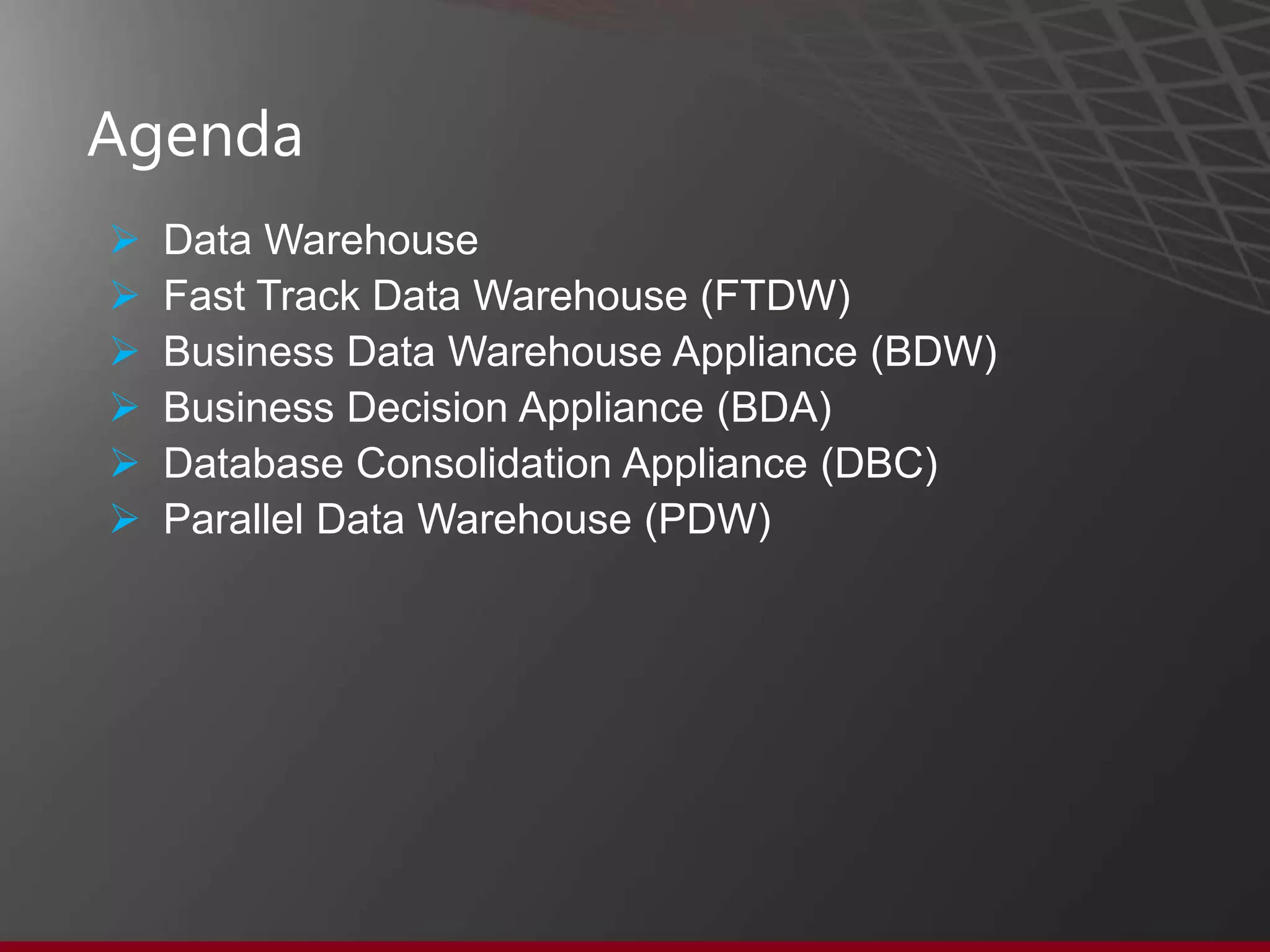 About Me

•   Business Intelligence Consultant, in IT for 28 years
•   Owner of Serra Consulting Services, specializing in end-to-end Business
    Intelligence and Data Warehouse solutions using the Microsoft BI stack
•   Worked as desktop/web/database developer, DBA, BI and DW architect
    and developer, MDM architect, PDW developer
•   Been perm, contractor, consultant, business owner
•   MCSE for SQL Server 2012: Data Platform and BI
•   SME for SQL Server 2012 certs
•   Contributing writer for SQL Server Pro magazine
•   Blog at JamesSerra.com

                                                                              3
 