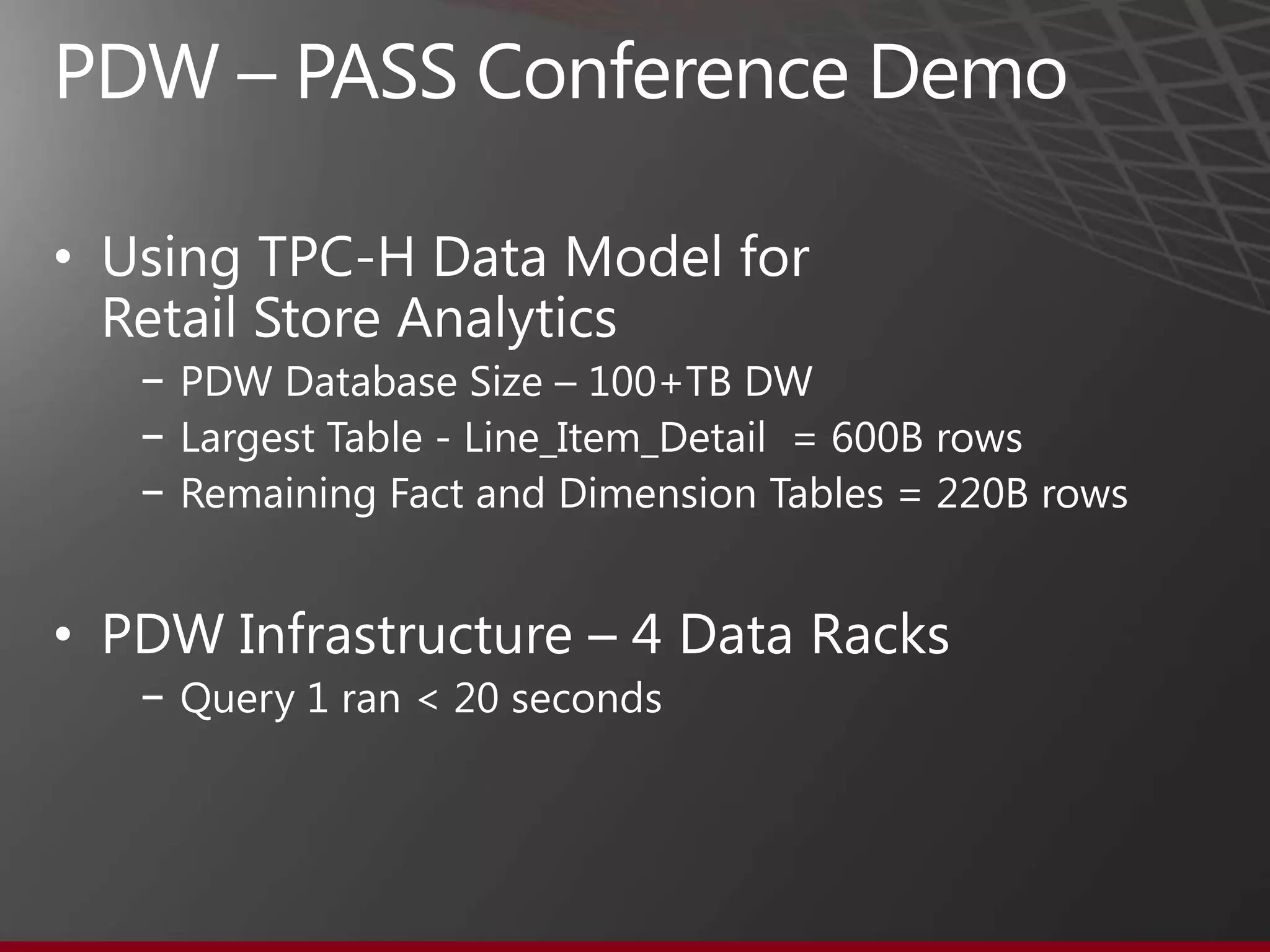 PDW Benefits – Massive Parallel Processing
?       ?
                    ???
                   ????   L ????????
                                         Multiple queries are
                                         simultaneously
                   ?      L ?? ??????    executed across all
?   ?                     L ????????
                                         nodes.

                          L ????????

?   ?                     L ????????
                              ????????
                                         PDW supports
                                         querying while data
                          L
                              ????????   is loading.
                          L

?   ?       Load     L    L   ????????
                              ????????
                          L
                          L
                              ????????




                                                                36
 