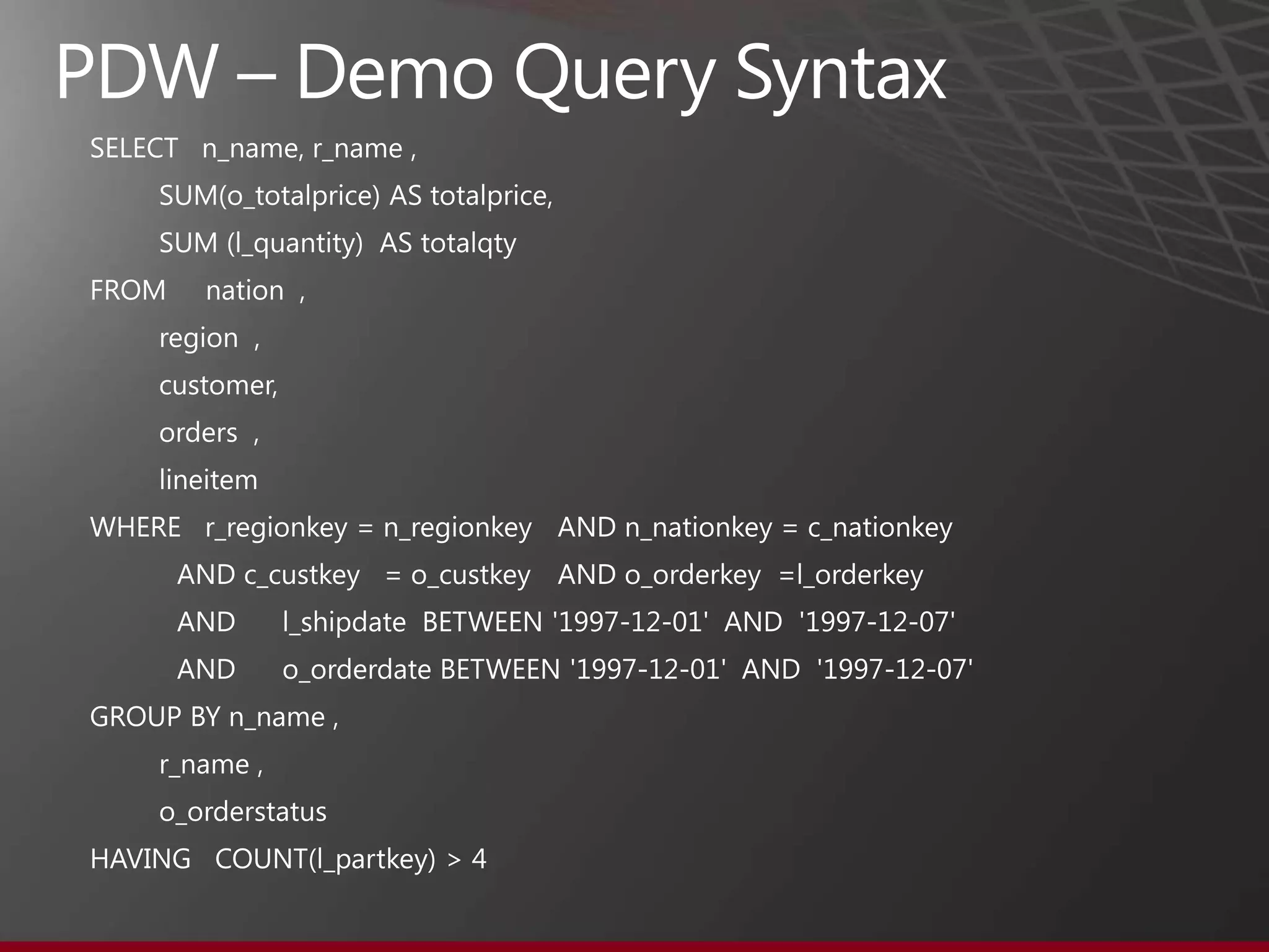 PDW - Data Layout Options
        Replicated                Distributed              Ultra shared nothing

• A table structure that   • A table structure that is   • The ability to design a
  exists as A full copy      hashed on a single            schema of both
  within each discrete       column and uniformly          distributed and
  DBMS instance.             distributed across all        replicated tables to
                             nodes on the appliance.       minimize data
                             Each distribution is A        movement
                             separate physical table     • Small sets of data can be
                             in the DBMS.                  more efficiently stored in
                                                           full.
                                                         • Certain set operations
                                                           are more efficient
                                                           against full sets of data.



                                                                                        37
 