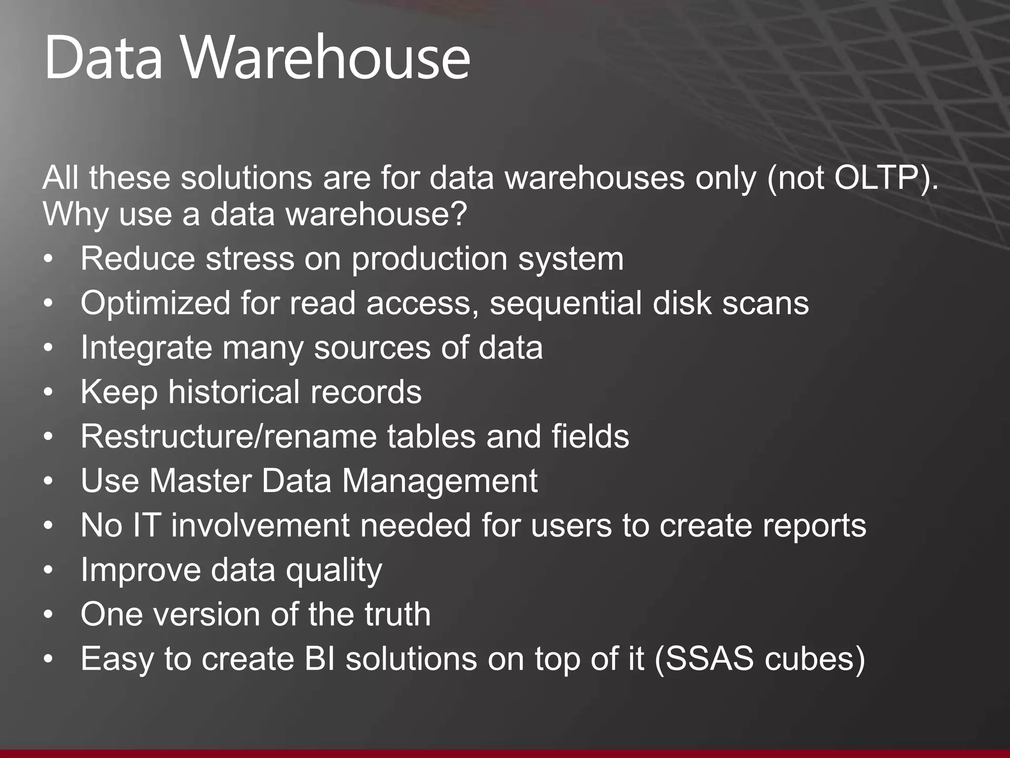 Agenda
•   Why use a Data Warehouse?
•   Fast Track Data Warehouse (FTDW)
•   Business Data Warehouse Appliance (BDW)
•   Business Decision Appliance (BDA)
•   Database Consolidation Appliance (DBC)
•   Parallel Data Warehouse (PDW)




                                              4
 