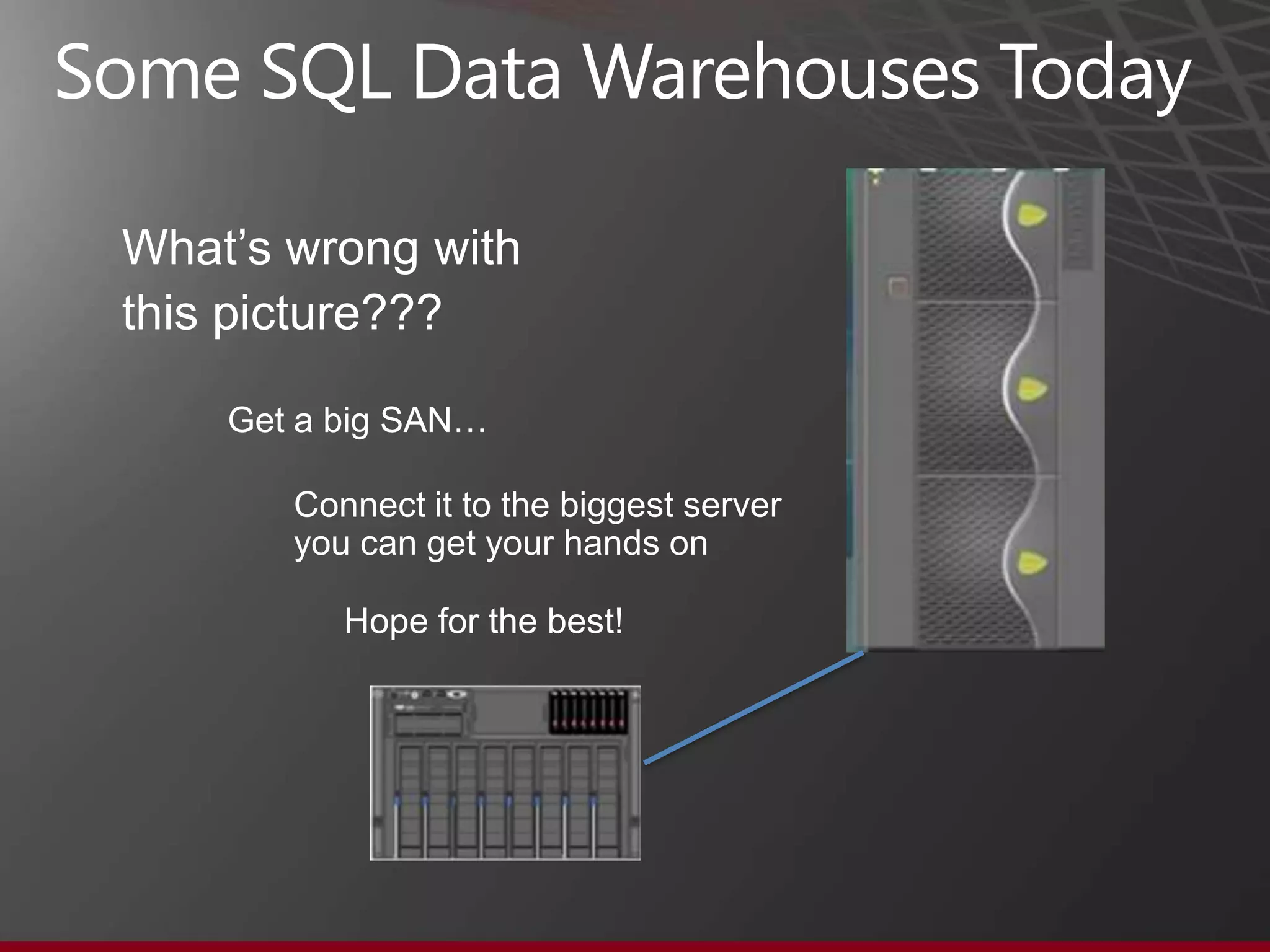 Why use a Data Warehouse?
Legacy applications + databases = chaos         Enterprise data warehouse = order
  Production                      Finance                                   Continuity
     Control                                                                Consolidation
        MRP                       Marketing                                 Control
                                                                            Compliance
   Inventory
     Control                      Sales                                     Collaboration
       Parts                      Accounting
Management
                                                                            Single version
    Logistics                     Management                                of the truth
                                  Reporting
    Shipping                                                    Enterprise Data
                                  Engineering
                                                                  Warehouse
  Raw Goods                       Actuarial

Order Control                     Human
                                  Resources
  Purchasing                                          Every question = decision



                                                                                             6
 