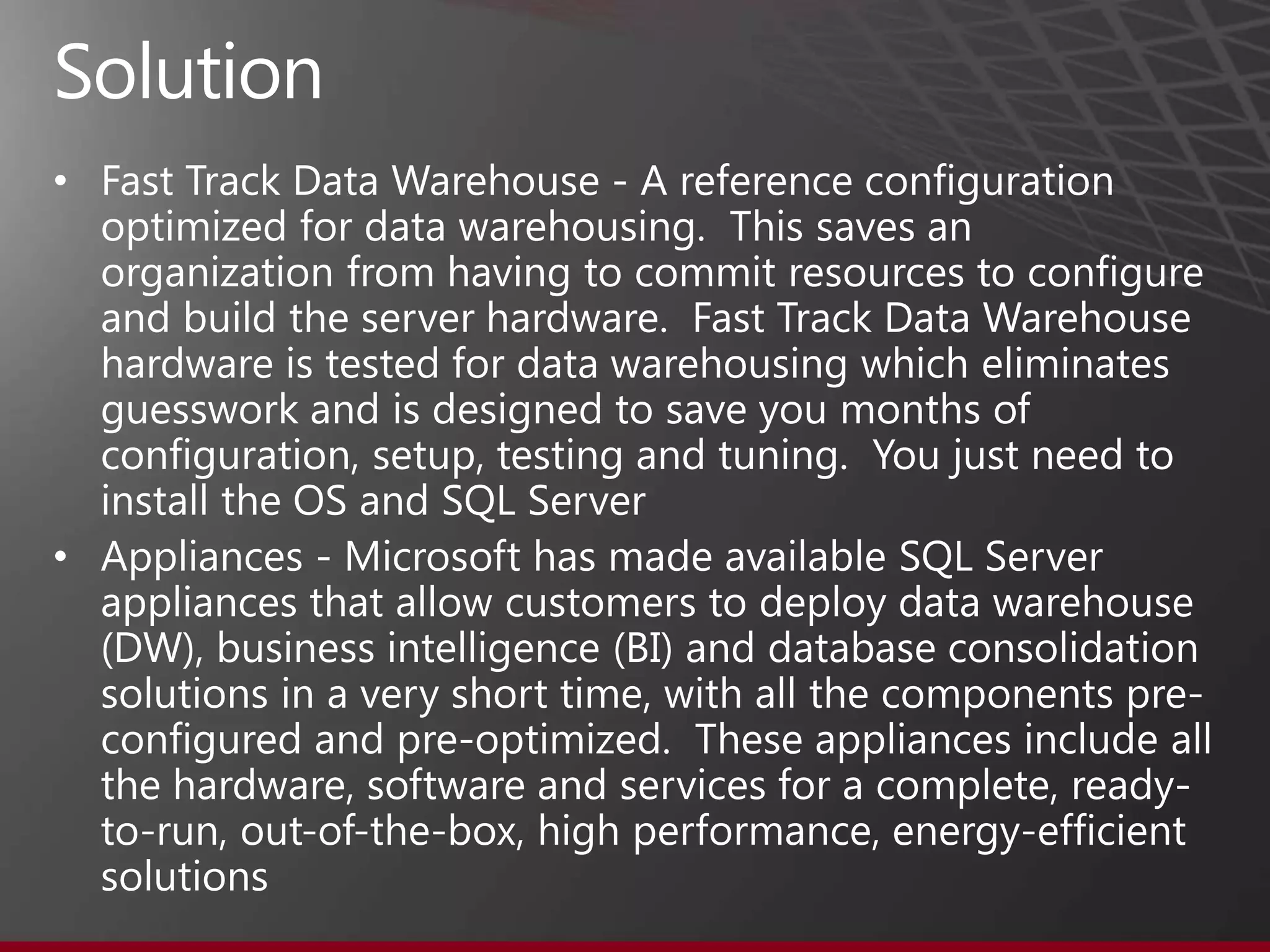 Potential Performance Bottlenecks

                                                                                             DISK   DISK
            SQL SERVER
            CPU CORES

                                     A




                                          FC SWITCH
                              FC
   SERVER

             WINDOWS

                                                                                         A
              CACHE          HBA     B                                                          LUN




                                                                             CACHE
                                                      A     STORAGE                  A
                                                      B    CONTROLLER                B       DISK   DISK
                              FC     A
                             HBA                                                         B
                                     B
                                                                                                LUN




CPU Feed Rate      SQL Server      HBA Port Rate          Switch Port Rate   SP Port Rate    LUN Read Rate   Disk Feed Rate
                 Read Ahead Rate




                                                                                                                       9
 