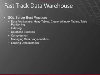 Fast Track Data Warehouse
•   Reference architecture
•   Balanced hardware and database configuration
•   Storage, server,...