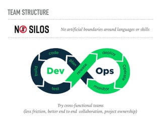 TEAM STRUCTURE
No artificial boundaries around languages or skills
Try cross-functional teams  
(less friction, better end...