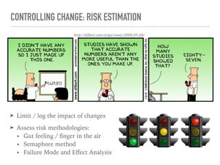 CONTROLLING CHANGE: RISK ESTIMATION
http://dilbert.com/strips/comic/2008-05-08/
➤ Limit / log the impact of changes
➤ Asse...