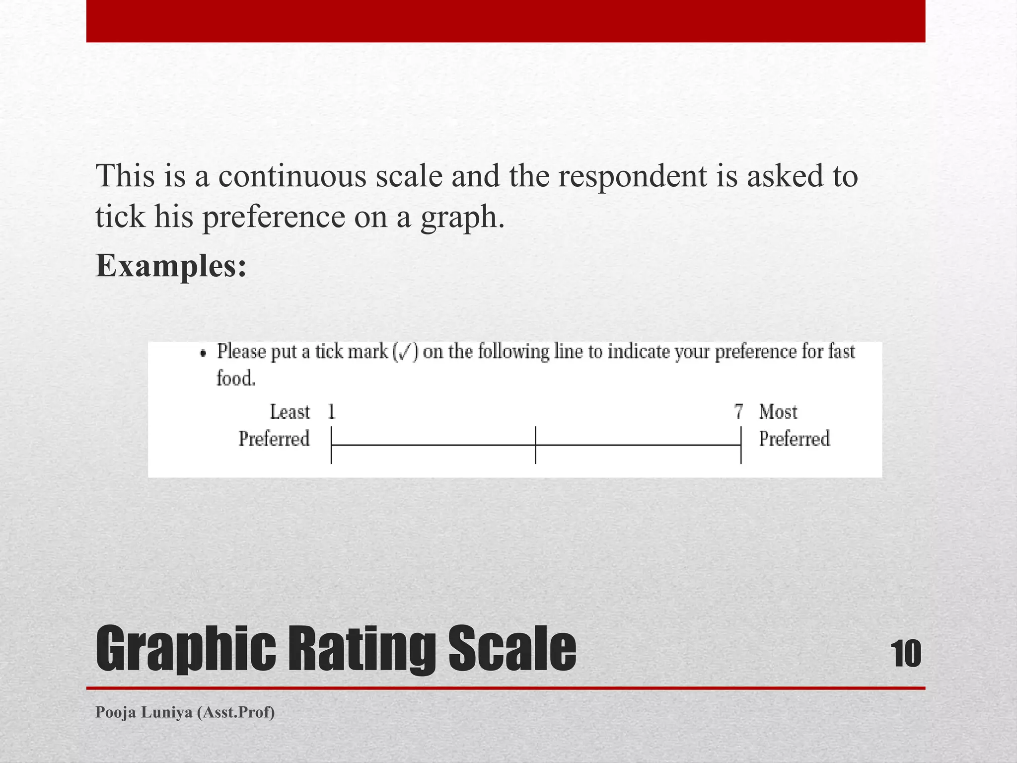 Graphic Rating Scale
This is a continuous scale and the respondent is asked to
tick his preference on a graph.
Examples:
10
Pooja Luniya (Asst.Prof)
 
