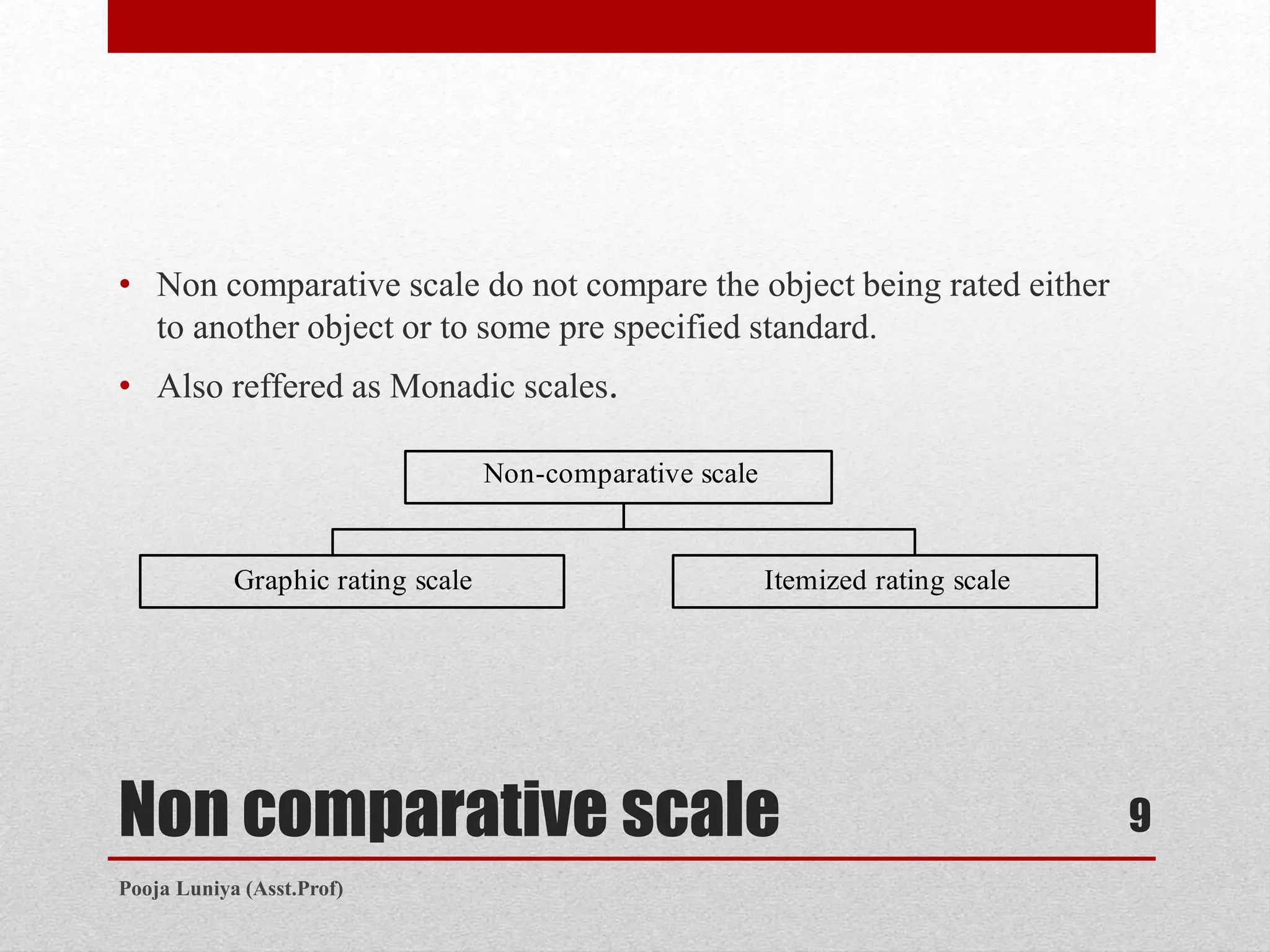 Non comparative scale
• Non comparative scale do not compare the object being rated either
to another object or to some pre specified standard.
• Also reffered as Monadic scales.
Non-comparative scale
Graphic rating scale Itemized rating scale
9
Pooja Luniya (Asst.Prof)
 