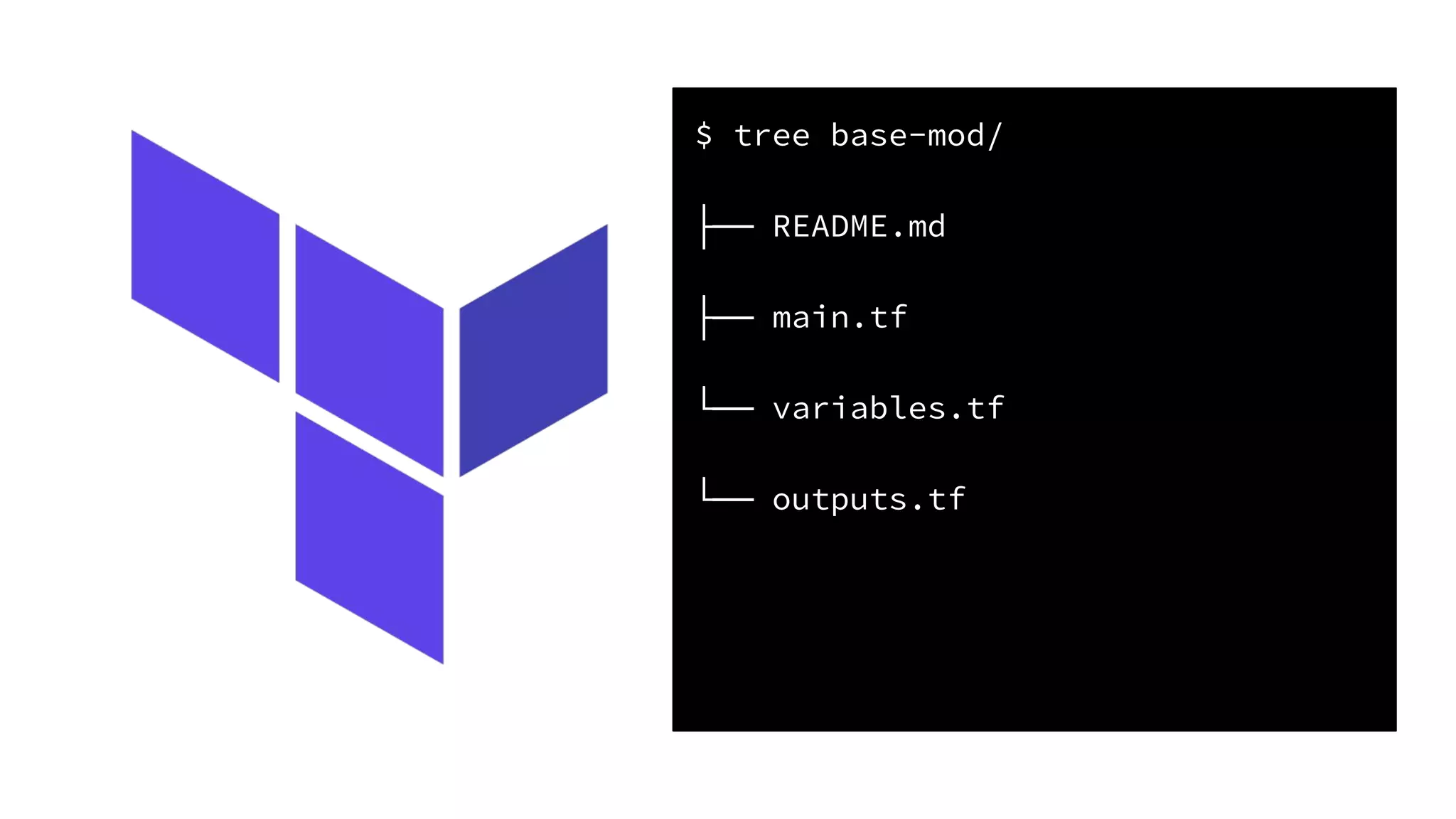 $ tree base-mod/
├── README.md
├── main.tf
└── variables.tf
└── outputs.tf
 
