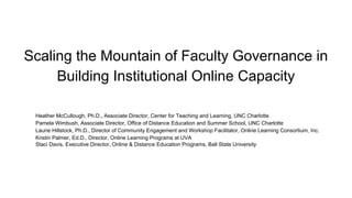 Scaling the Mountain of Faculty Governance in
Building Institutional Online Capacity
Heather McCullough, Ph.D., Associate Director, Center for Teaching and Learning, UNC Charlotte
Pamela Wimbush, Associate Director, Office of Distance Education and Summer School, UNC Charlotte
Laurie Hillstock, Ph.D., Director of Community Engagement and Workshop Facilitator, Online Learning Consortium, Inc.
Kristin Palmer, Ed.D., Director, Online Learning Programs at UVA
Staci Davis, Executive Director, Online & Distance Education Programs, Ball State University
 