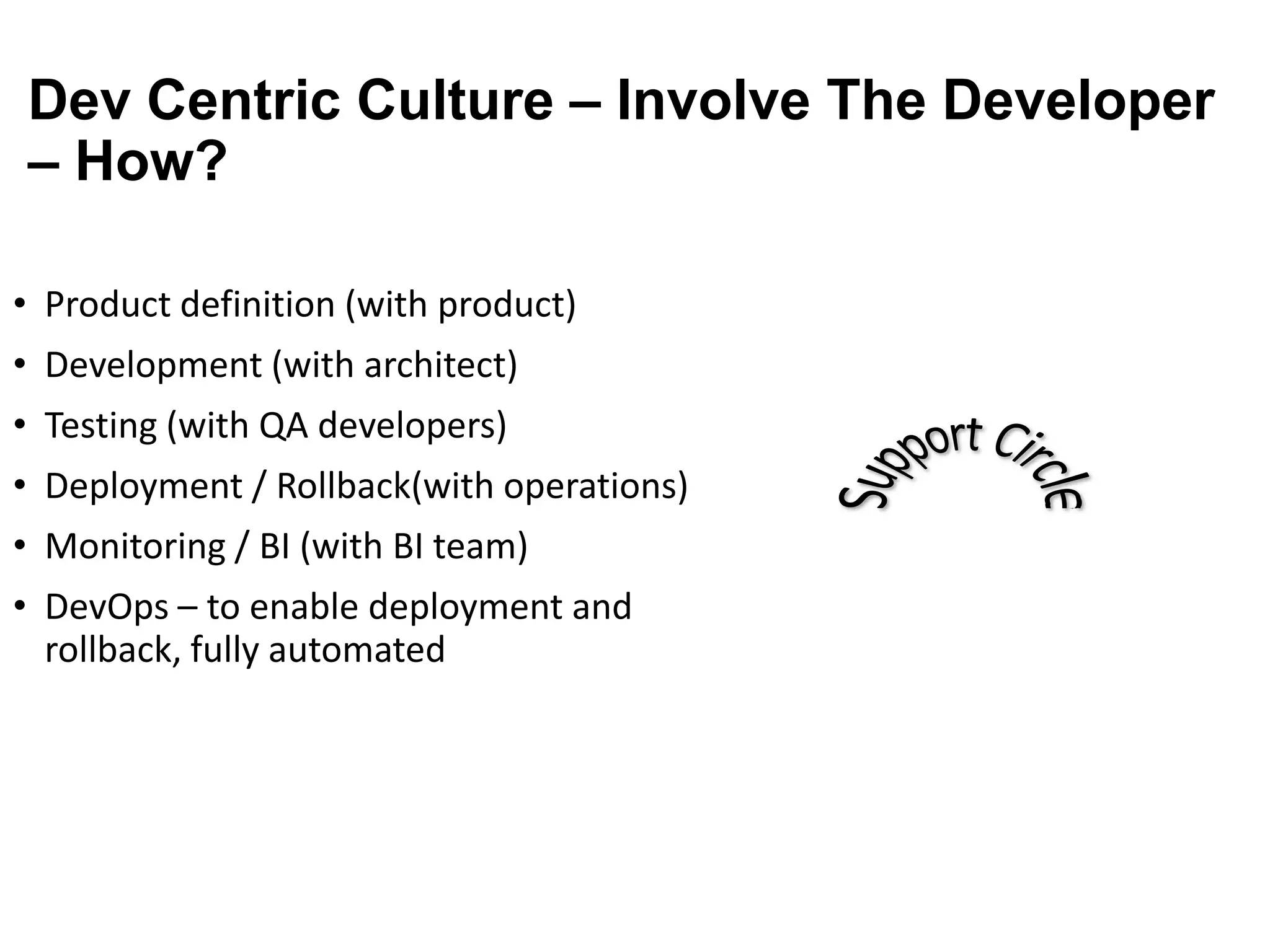 Dev Centric Culture – Involve The Developer
– How?
• Product definition (with product)
• Development (with architect)
• Testing (with QA developers)
• Deployment / Rollback(with operations)
• Monitoring / BI (with BI team)
• DevOps – to enable deployment and
rollback, fully automated

 
