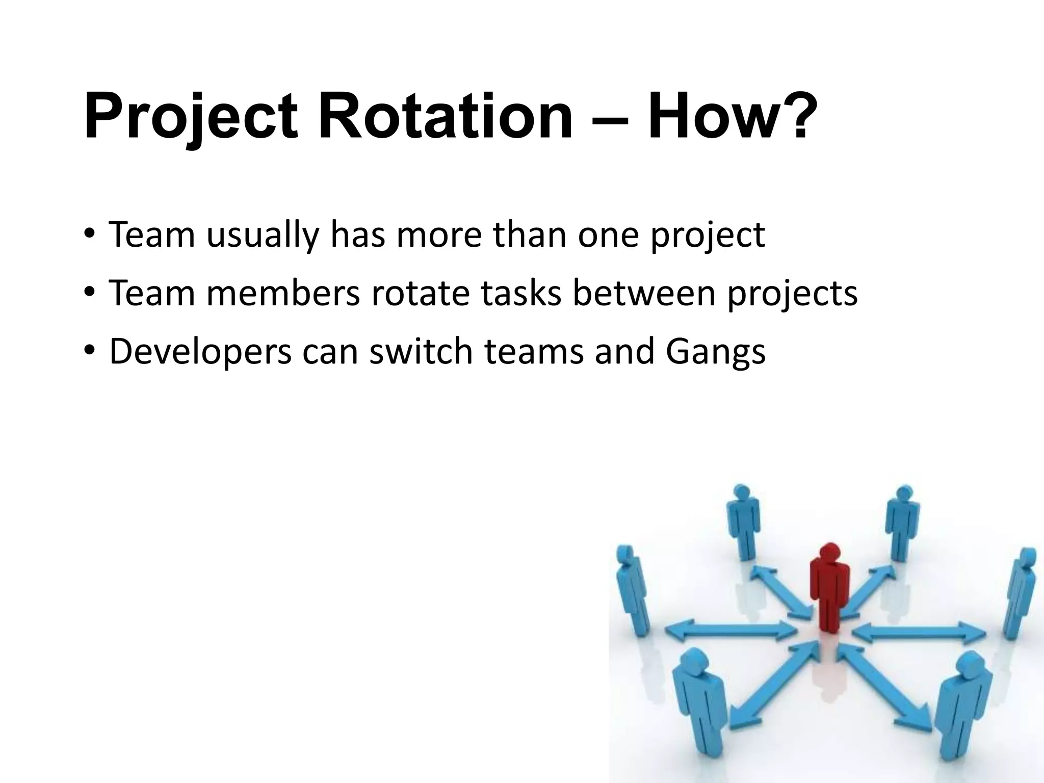 Project Rotation – How?
• Team usually has more than one project
• Team members rotate tasks between projects
• Developers can switch teams and Gangs

 