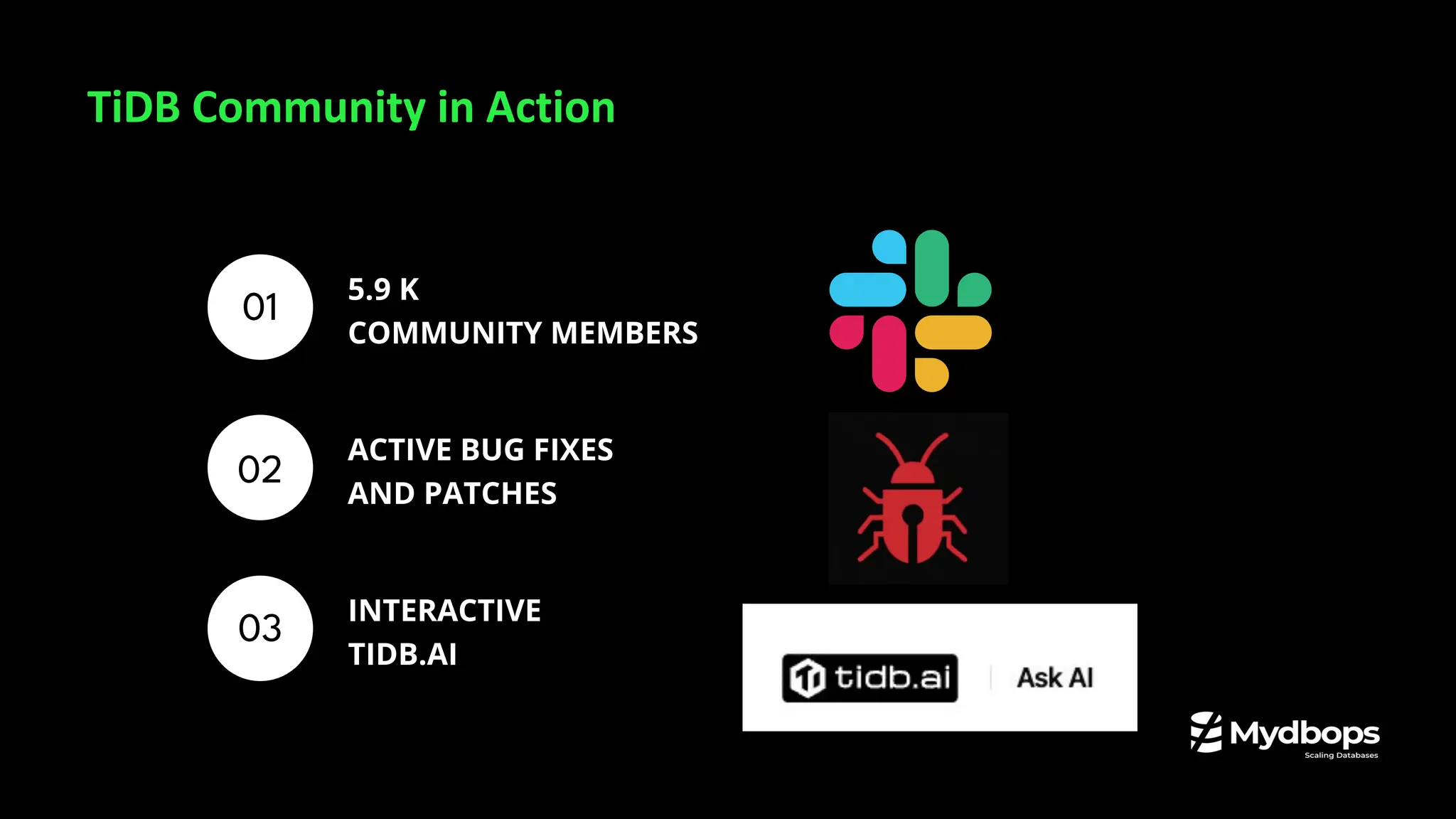 01
02
03
5.9 K
COMMUNITY MEMBERS
INTERACTIVE
TIDB.AI
ACTIVE BUG FIXES
AND PATCHES
TiDB Community in Action
 