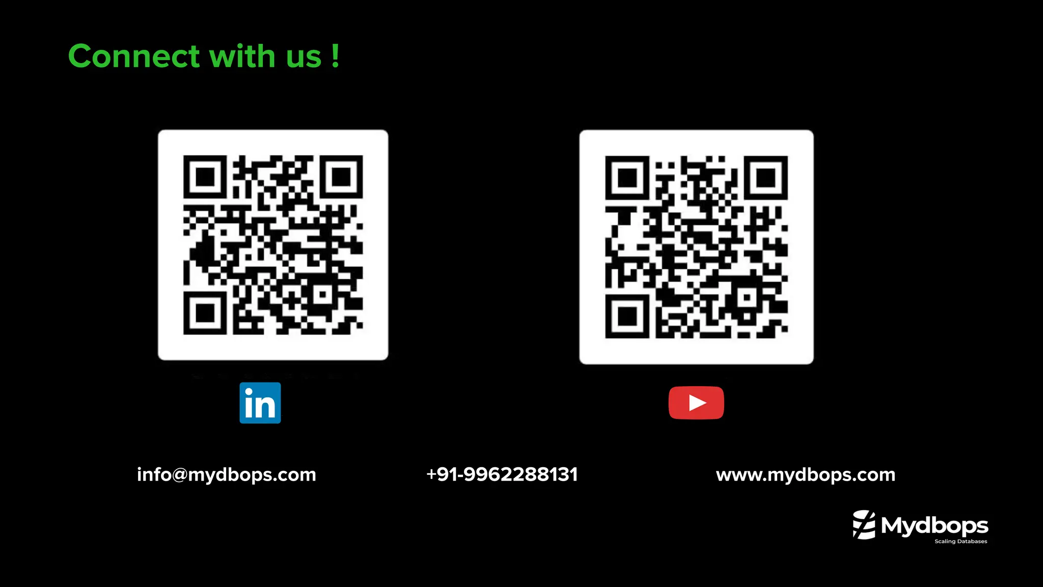 Consulting
Services
Consulting
Services
Connect with us !
info@mydbops.com +91-9962288131 www.mydbops.com
 