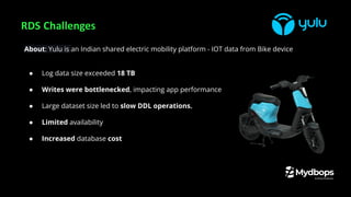 RDS Challenges
About: Yulu is an Indian shared electric mobility platform - IOT data from Bike device
● Log data size exceeded 18 TB
● Writes were bottlenecked, impacting app performance
● Large dataset size led to slow DDL operations.
● Limited availability
● Increased database cost
 