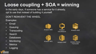 Loose coupling + SOA = winning
DON’T REINVENT THE WHEEL
Examples:
• Email
• Queuing
• Transcoding
• Search
• Databases
• Monitoring
• Metrics
• Logging
Amazon
CloudSearch
Amazon SQSAmazon SNS
Amazon Elastic
Transcoder
Amazon SWF
Amazon SES
In the early days, if someone has a service for it already,
opt to use that instead of building it yourself.
 