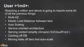 User >1mil+:
Reaching a million and above is going to require some bit
of all the previous things:
• Multi-AZ
• Elastic Load Balancer between tiers
• Auto Scaling
• Service oriented architecture
• Serving content smartly (Amazon S3/CloudFront )
• Caching off DB
• Moving state off tiers that auto-scale
 