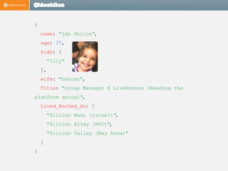 @idoshilon
{
name: "Ido Shilon",
age: 37,
kids: [
"illy"
],
wife: "Oshrat",
Title: "Group Manager @ LivePerson (Heading the
platform group)",
Lived_Worked_At: [
"Silicon Wadi (Israel)",
"Silicon Alley (NYC)",
"Silicon Valley (Bay Area)"
]
}
 
