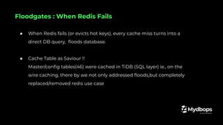● When Redis fails (or evicts hot keys), every cache miss turns into a
direct DB query, ﬂoods database.
● Cache Table as Saviour !!
Master/conﬁg tables(46) were cached in TiDB (SQL layer) ie., on the
wire caching, there by we not only addressed ﬂoods,but completely
replaced/removed redis use case
Floodgates : When Redis Fails
 