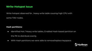 Write hotspot observed for , heavy write table causing high CPU with
some TiKV nodes.
Hash partitions:
● Identiﬁed Hot / Heavy write tables, Enabled Hash-based partition on
the PK to distribute evenly.
● With Hash partitions we were able to remove/replace keyspace.
Write Hotspot Issue
 