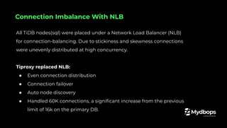 All TiDB nodes(sql) were placed under a Network Load Balancer (NLB)
for connection-balancing. Due to stickiness and skewness connections
were unevenly distributed at high concurrency.
Tiproxy replaced NLB:
● Even connection distribution
● Connection failover
● Auto node discovery
● Handled 60K connections, a signiﬁcant increase from the previous
limit of 16k on the primary DB.
Connection Imbalance With NLB
 