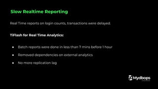 Real Time reports on login counts, transactions were delayed.
TiFlash for Real Time Analytics:
● Batch reports were done in less than 7 mins before 1 hour
● Removed dependencies on external analytics
● No more replication lag
Slow Realtime Reporting
 