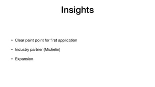 Insights
• Clear paint point for ﬁrst application

• Industry partner (Michelin)

• Expansion
 