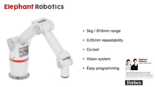 • 5kg / 810mm range

• 0.05mm repeatability

• Co-bot

• Vision system

• Easy programming
 