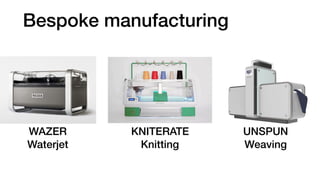 Bespoke manufacturing
WAZER
Waterjet
KNITERATE
Knitting
UNSPUN
Weaving
 