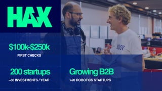 $100k-$250k
FIRST CHECKS
200startups
~30 INVESTMENTS / YEAR
GrowingB2B
>20 ROBOTICS STARTUPS
 