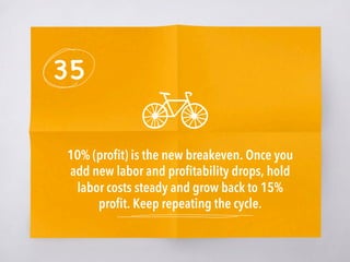 35
10% (proﬁt) is the new breakeven. Once you
add new labor and proﬁtability drops, hold
labor costs steady and grow back to 15%
proﬁt. Keep repeating the cycle. 
 