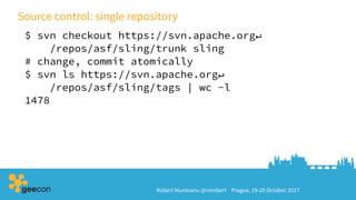 Robert Munteanu @rombert Prague, 19-20 October 2017
Source control: single repository
$ svn checkout https://svn.apache.org↵
/repos/asf/sling/trunk sling
# change, commit atomically
$ svn ls https://svn.apache.org↵
/repos/asf/sling/tags | wc -l
1478
 
