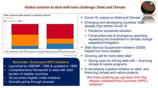 Global solution to deal with twin challenge: Debt and Climate
2
IMF/World Bank, 2020
 Covid-19: impact on Debt and Climat...