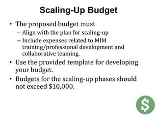 Submitting a MIM Scaling-Up PlanUse the provided template for organizing your MIM Scaling-Up Plan.Plans should be submitted in one of the following formats:  Word .doc, Rich Text Format .rtf, or Adobe .pdf. Plans are due August 16, 2010.Plans should be emailed to Arden Day at dayad@umkc.edu