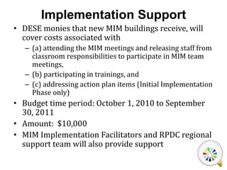Part II: Scaling-Up MIM PlanPlease include the following parts in provided template:Cover page to includename of current MIM building  name of proposed new MIM building(s) and/or grade levels, district leadership team membersdistrict contact personbuilding leadership team member for current MIM building, building leadership contact information for new MIM building,building leadership team members for new MIM building (Initial Implementation Phase proposals only),  andindication of either an Exploration Phase or Initial Implementation Phase proposal.Letters of Commitment with signatures from district superintendent, district MIM contact person, and each building principal (see attached required commitment letters).Scaling-Up ProposalScaling-Up Budget