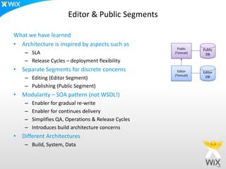 Editor & Public Segments

What we have learned
• Architecture is inspired by aspects such as
                                                       Public   Public
    – SLA                                            (Tomcat)    DB
    – Release Cycles – deployment flexibility
• Separate Segments for discrete concerns              Editor   Editor
                                                     (Tomcat)
    – Editing (Editor Segment)                                   DB

    – Publishing (Public Segment)
• Modularity – SOA pattern (not WSDL!)
    –   Enabler for gradual re-write
    –   Enabler for continues delivery
    –   Simplifies QA, Operations & Release Cycles
    –   Introduces build architecture concerns
• Different Architectures
    – Build, System, Data
 