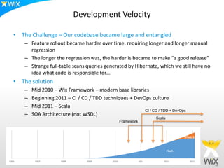 Development Velocity

   • The Challenge – Our codebase became large and entangled
       – Feature rollout became harder over time, requiring longer and longer manual
         regression
       – The longer the regression was, the harder is became to make “a good release”
       – Strange full-table scans queries generated by Hibernate, which we still have no
         idea what code is responsible for…
   • The solution
       –   Mid 2010 – Wix Framework – modern base libraries
       –   Beginning 2011 – CI / CD / TDD techniques + DevOps culture
       –   Mid 2011 – Scala
                                                           CI / CD / TDD + DevOps
       –   SOA Architecture (not WSDL)
                                                                         Scala
                                                      Framework



                                                                                         HTML 5



                                                                                 Flash


2006        2007        2008       2009        2010               2011       2012           2013
 