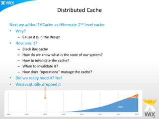 Distributed Cache

   Next we added EHCache as Hibernate 2nd-level cache
   • Why?
       – Cause it is in the design
   • How was it?
       –   Black Box cache
       –   How do we know what is the state of our system?
       –   How to invalidate the cache?
       –   When to invalidate it?
       –   How does “operations” manage the cache?
   • Did we really need it? No!
   • We eventually dropped it

                                                                       HTML 5



                                                               Flash


2006        2007       2008          2009   2010       2011   2012        2013
 