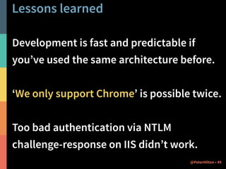 Technical approach 
Play Framework 2.2 
Scala 2.10 on JDK 1.7 
Slick 2.0 
PostgreSQL 9.3 
Twitter Bootstrap 2 
… and jXLS, webjars, play-plugins-mailer 
@PeterHilton • 44 
 