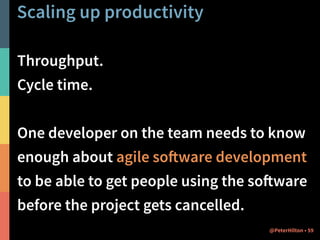 Get Play framework benefits 
Template system allows simple HTML and 
using existing front-end frameworks. 
HTML form validation API results in clear, 
understandable code. 
No XML. 
@PeterHilton • 54 
 