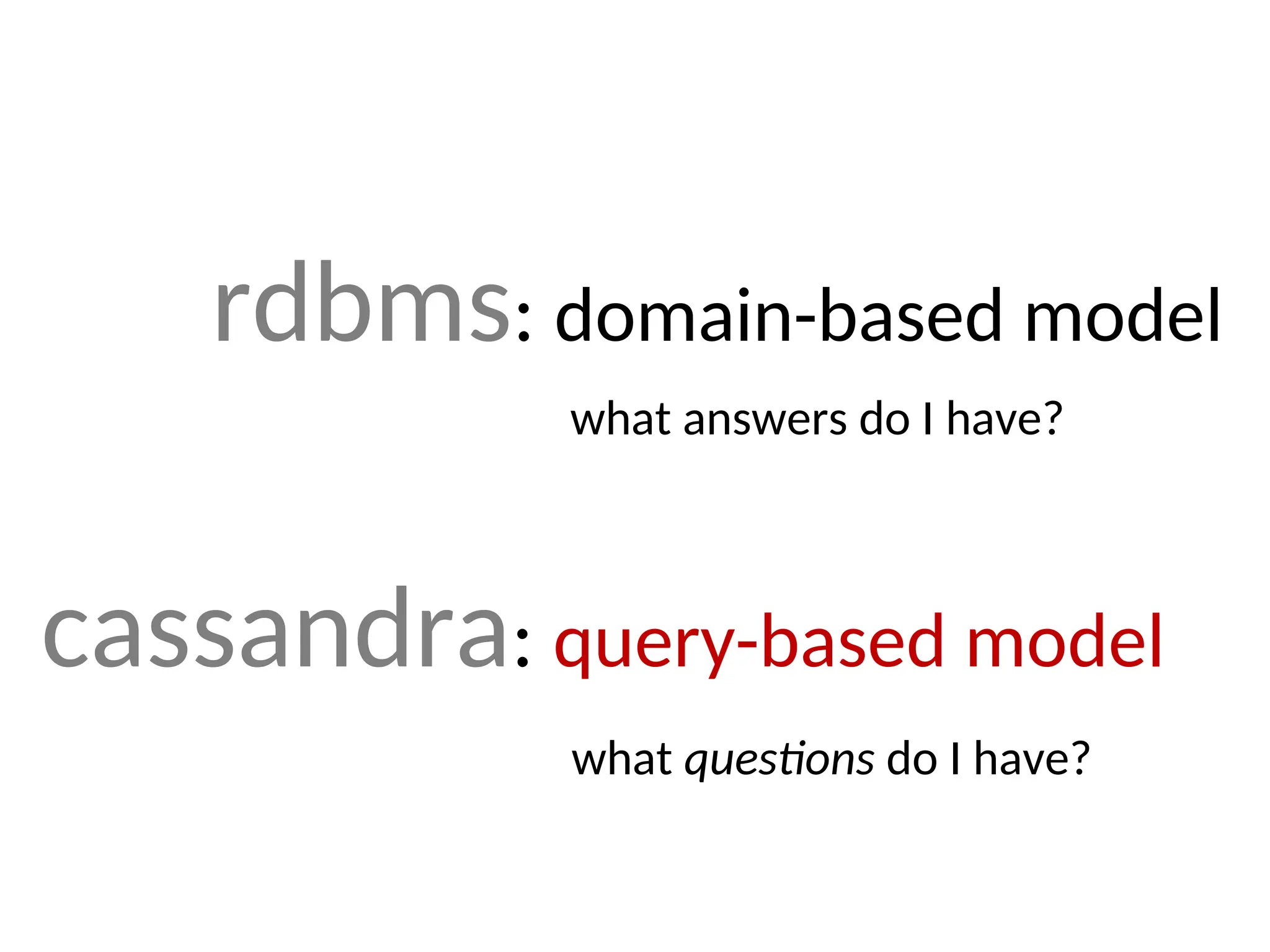 rdbms: domain-based model what answers do I have? cassandra: query-based model what questions do I have? 