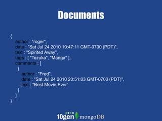Documents{  author : "roger",date : "Sat Jul 24 2010 19:47:11 GMT-0700 (PDT)", text : "Spirited Away",tags : [ "Tezuka", "Manga" ],comments : [      {author : "Fred",date : "Sat Jul 24 2010 20:51:03 GMT-0700 (PDT)",text : "Best Movie Ever”      }   ]}