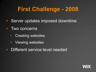 First Challenge - 2008
• Server updates imposed downtime
• Two concerns
• Creating websites
• Viewing websites
• Different service level needed
 