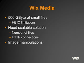 Wix Media
• 500 GByte of small files
– Hit IO limitations
• Need scalable solution
– Number of files
– HTTP connections
• Image manipulations
 