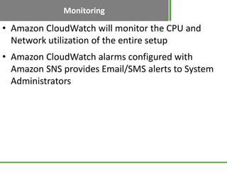 Monitoring
• Amazon CloudWatch will monitor the CPU and
  Network utilization of the entire setup
• Amazon CloudWatch alarms configured with
  Amazon SNS provides Email/SMS alerts to System
  Administrators
 