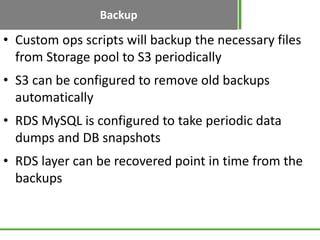 Backup
• Custom ops scripts will backup the necessary files
  from Storage pool to S3 periodically
• S3 can be configured to remove old backups
  automatically
• RDS MySQL is configured to take periodic data
  dumps and DB snapshots
• RDS layer can be recovered point in time from the
  backups
 