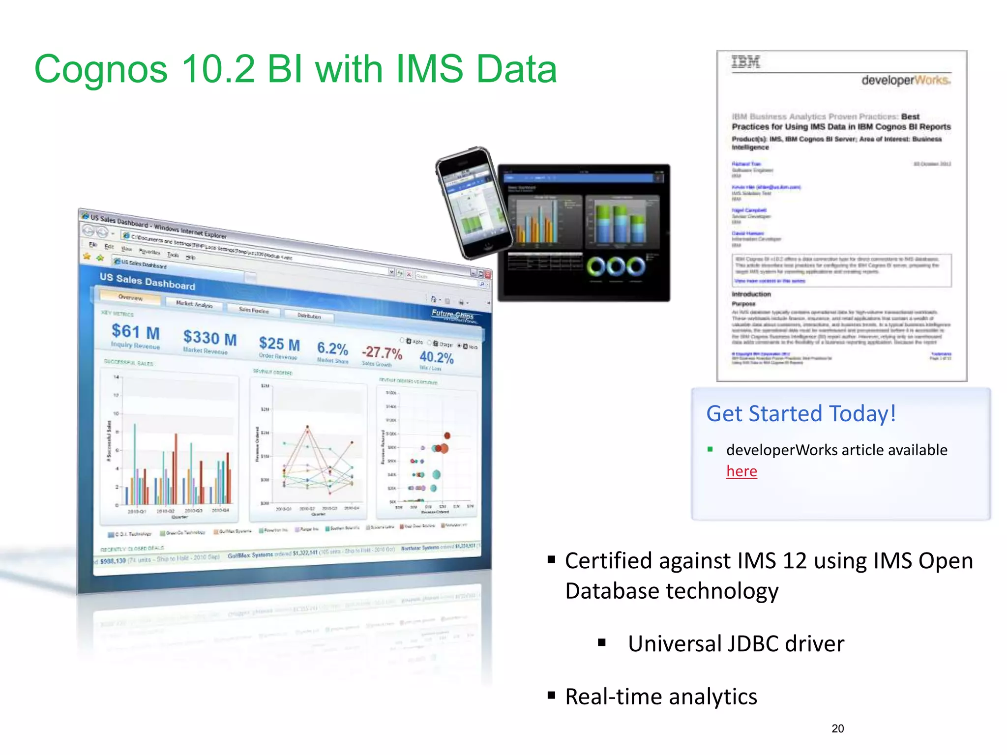 Cognos 10.2 BI with IMS Data
20
 Certified against IMS 12 using IMS Open
Database technology
 Universal JDBC driver
 Real-time analytics
Get Started Today!
 developerWorks article available
here
 