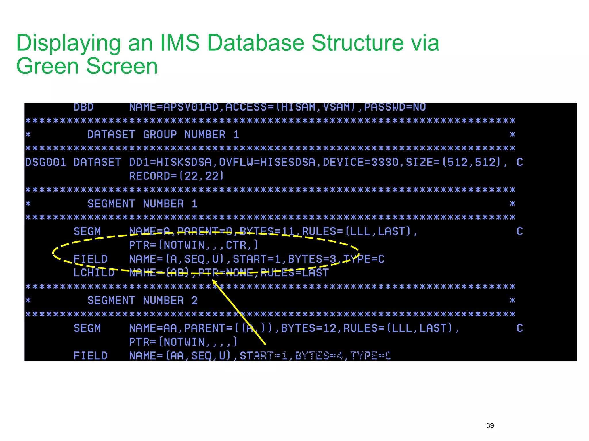 39
Logical Relationship in a DBD Source
Displaying an IMS Database Structure via
Green Screen
 